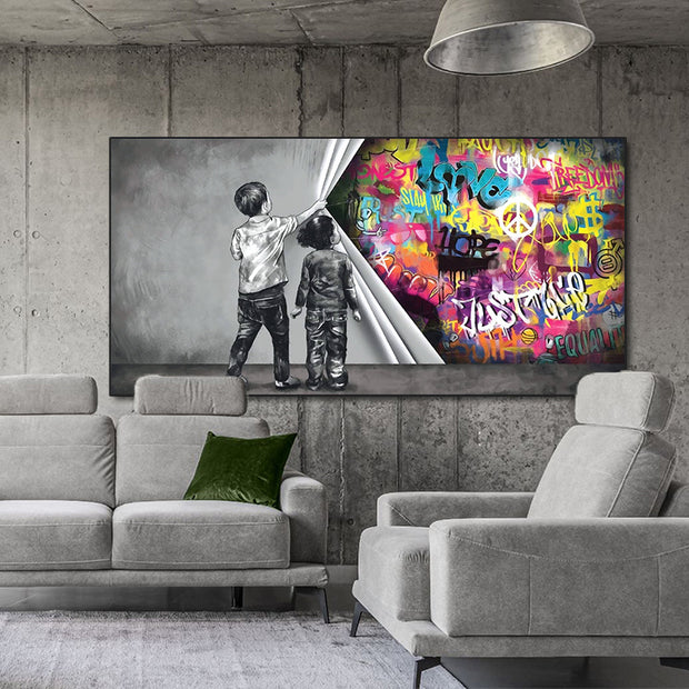 Children, Graffiti, Wall, Art.