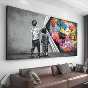 Children, Graffiti, Wall, Art.